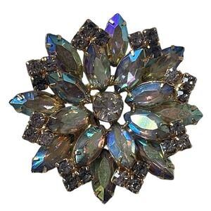 Vintage Shades of Blue Pink Aurora Borelius Rhinestone Layered Large Brooch Pin‎